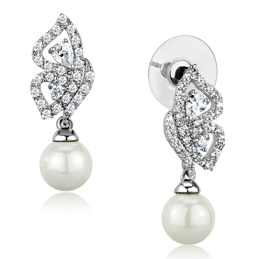 MA3W902 - Rhodium Brass Earrings with Synthetic Pearl in White