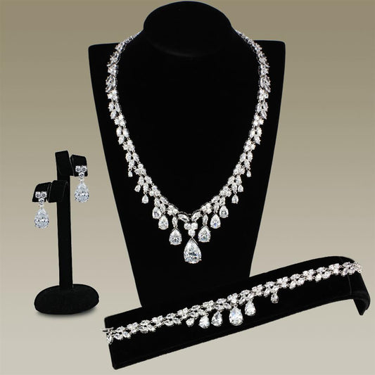 MA3W925 - Rhodium Brass Jewelry Sets with AAA Grade CZ  in Clear
