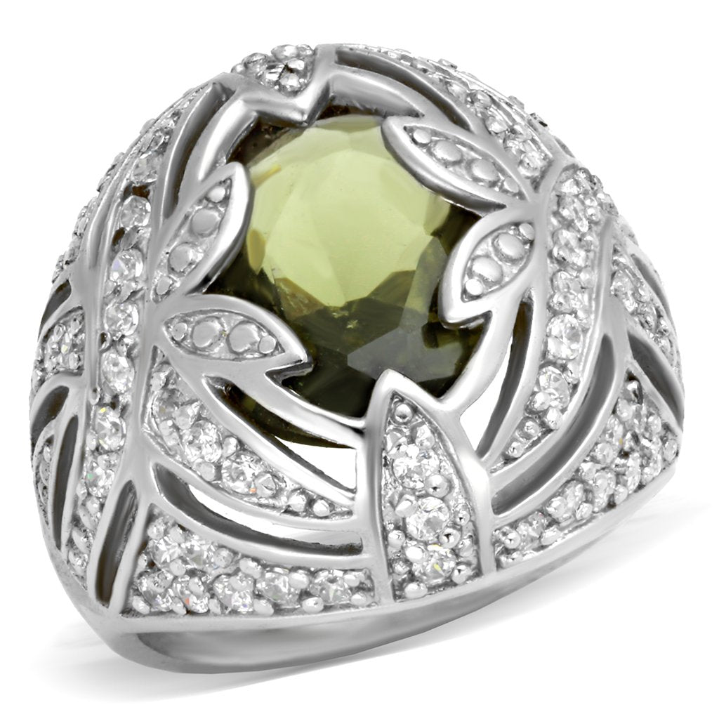 MA71001 - Rhodium Brass Ring with AAA Grade CZ  in Olivine color