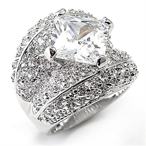 MA7X059 - Rhodium Brass Ring with AAA Grade CZ  in Clear