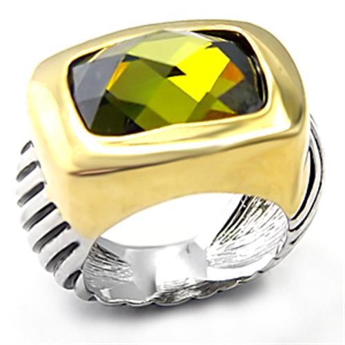 MA7X127 - Reverse Two-Tone Brass Ring with AAA Grade CZ  in Olivine color