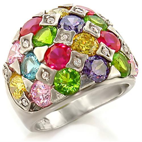 MALeanna Cocktail Ring - Rhodium Brass, AAA CZ , Multi Color - 7X150