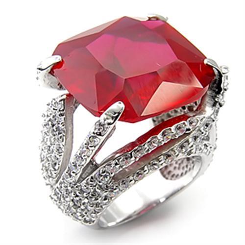 MA7X251 - Rhodium 925 Sterling Silver Ring with Synthetic Garnet in Ruby