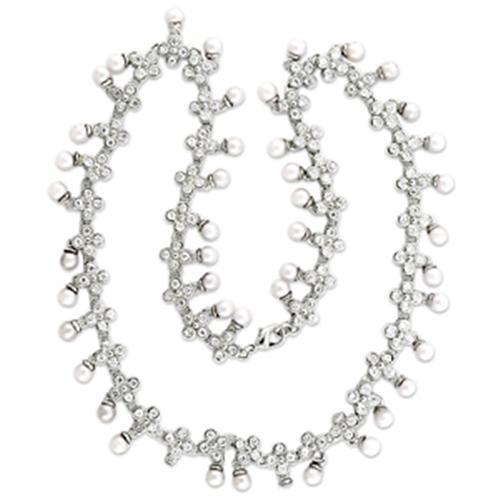 MA7X405 - Rhodium Brass Necklace with Synthetic Pearl in White