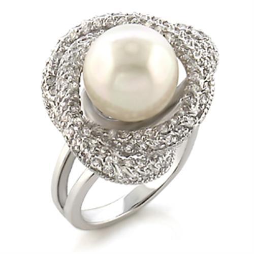 MA9W005 - Rhodium Brass Ring with Synthetic Pearl in White