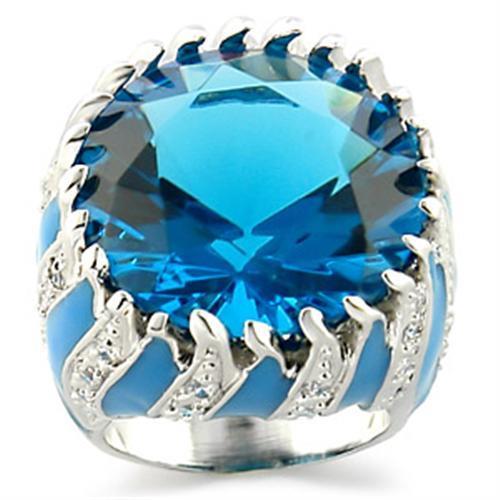MA9W189 - Rhodium Brass Ring with Synthetic Synthetic Glass in Sea Blue