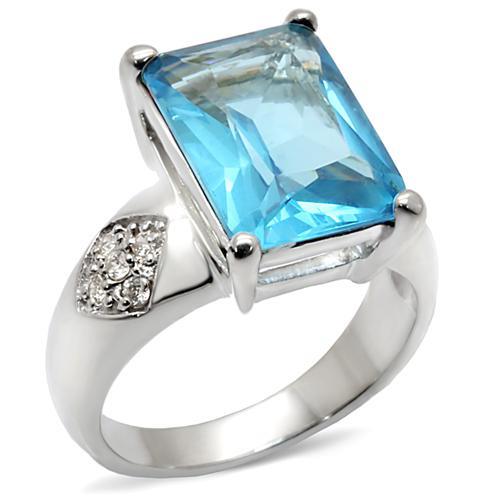 MA9X012 - Rhodium Brass Ring with Synthetic Synthetic Glass in Sea Blue