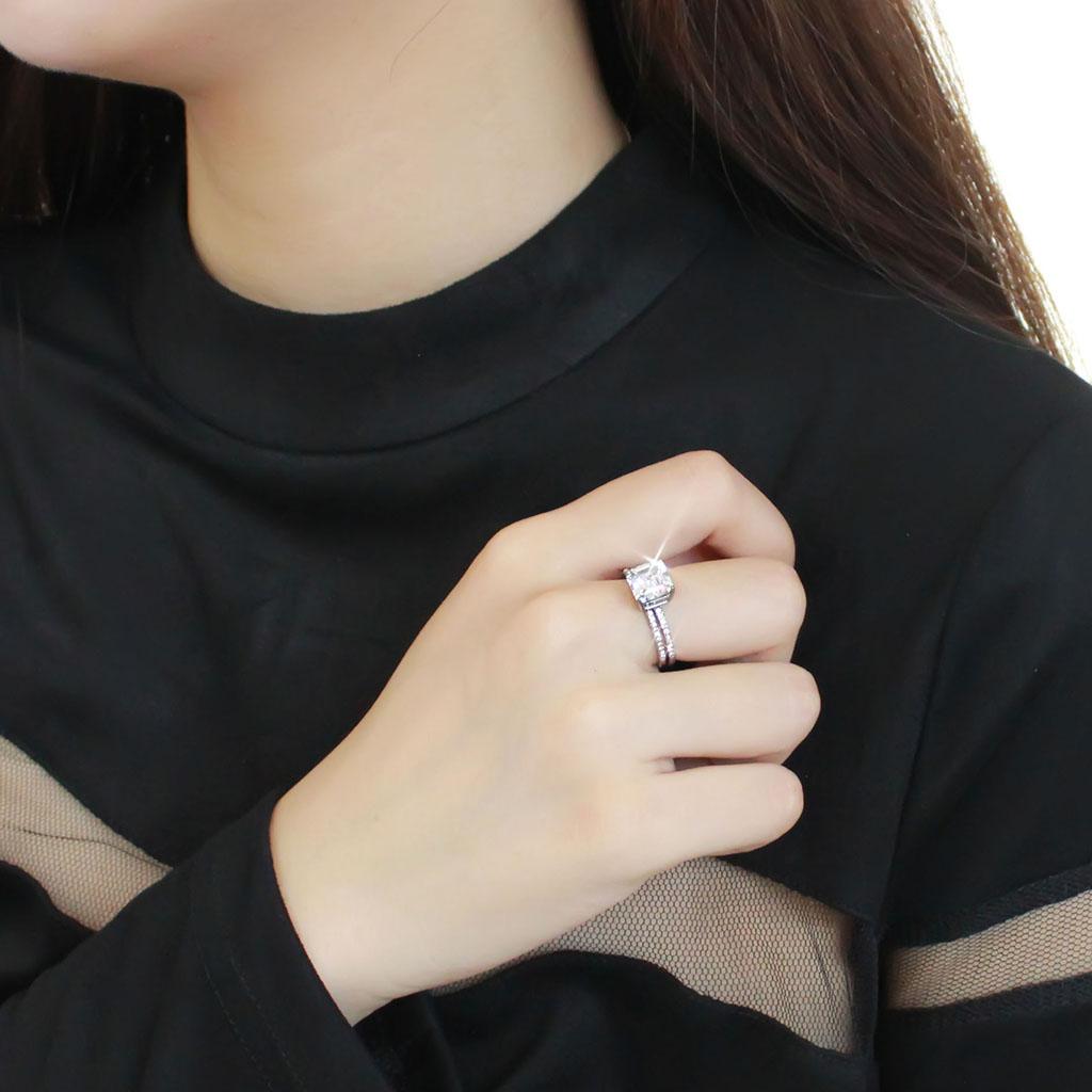 MADA065 - High polished (no plating) Stainless Steel Ring with Cubic  in Clear