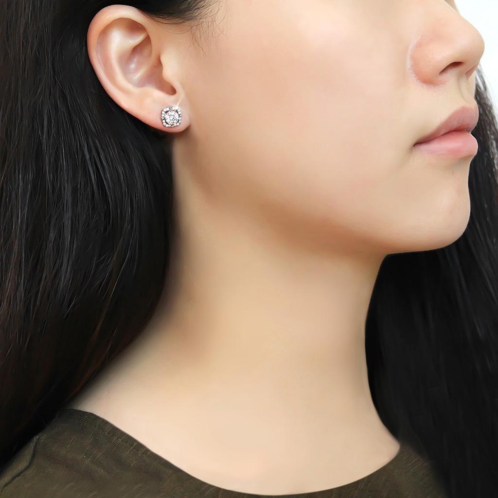 MADA070 - High polished (no plating) Stainless Steel Earrings with AAA Grade CZ  in Clear