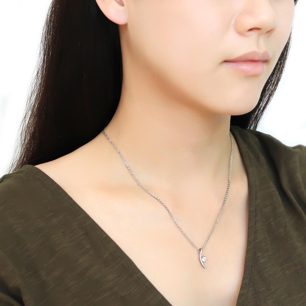 MADA092 - High polished (no plating) Stainless Steel Chain Pendant with AAA Grade CZ  in Clear