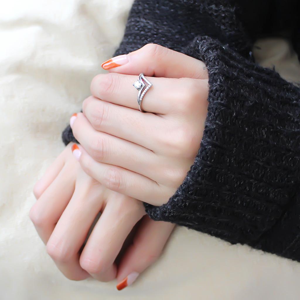 MADA110 - High polished (no plating) Stainless Steel Ring with AAA Grade CZ  in Clear