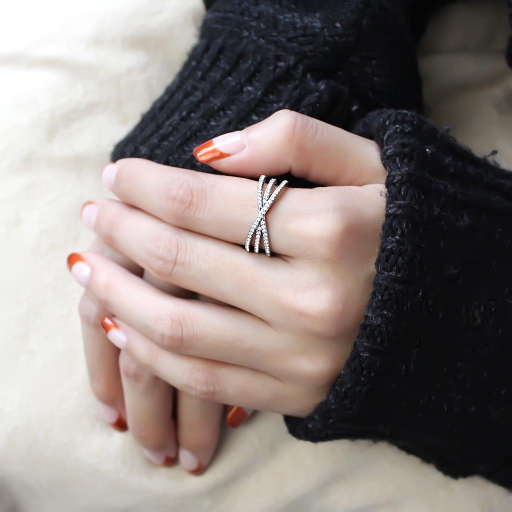 MADA124 - High polished (no plating) Stainless Steel Ring with AAA Grade CZ  in Clear