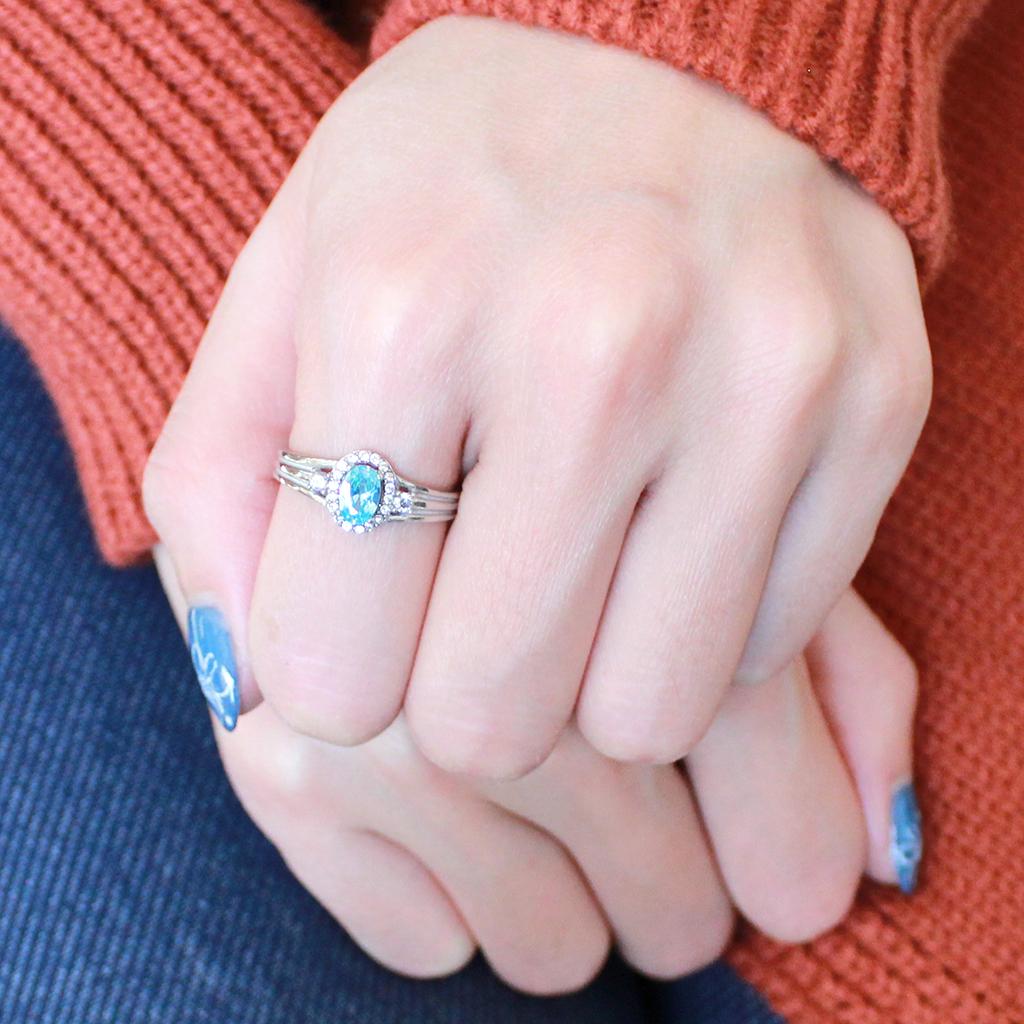 MADA166 - High polished (no plating) Stainless Steel Ring with AAA Grade CZ  in Sea Blue