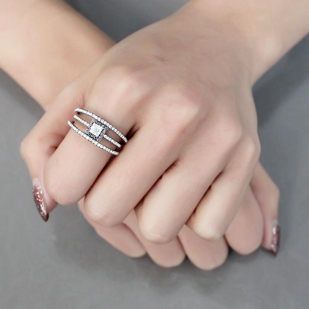 MADA257 - High polished (no plating) Stainless Steel Ring with AAA Grade CZ  in Clear