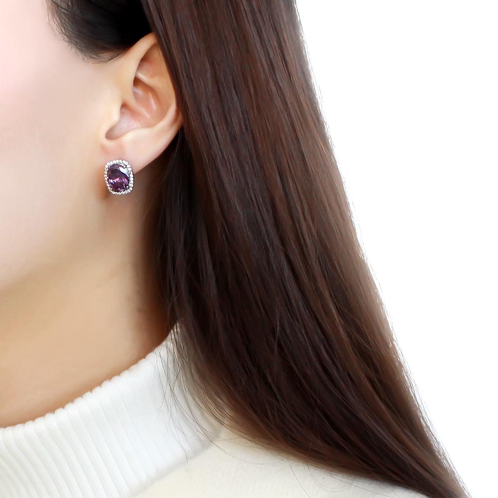 MADA298 - High polished (no plating) Stainless Steel Earrings with AAA Grade CZ  in Amethyst