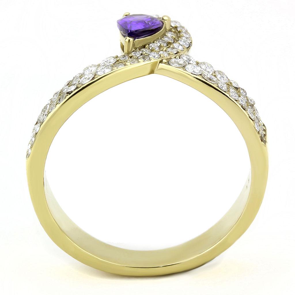MADA304 - IP Gold(Ion Plating) Stainless Steel Ring with AAA Grade CZ  in Tanzanite