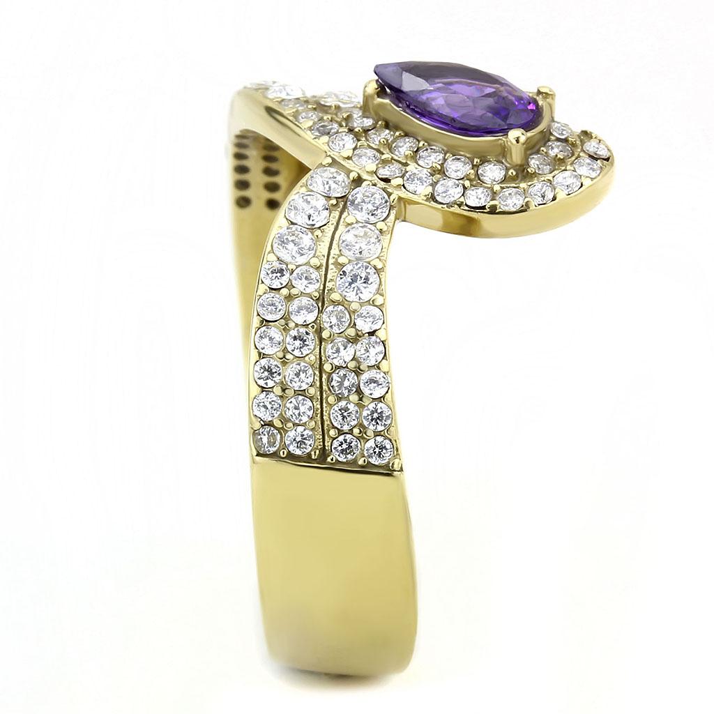MADA304 - IP Gold(Ion Plating) Stainless Steel Ring with AAA Grade CZ  in Tanzanite