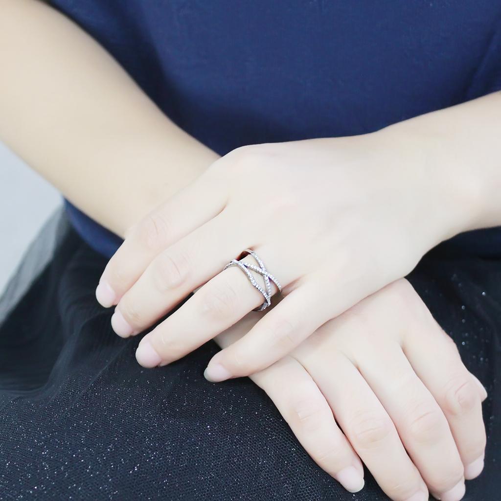 MADA381 - High polished (no plating) Stainless Steel Ring with AAA Grade CZ  in Clear