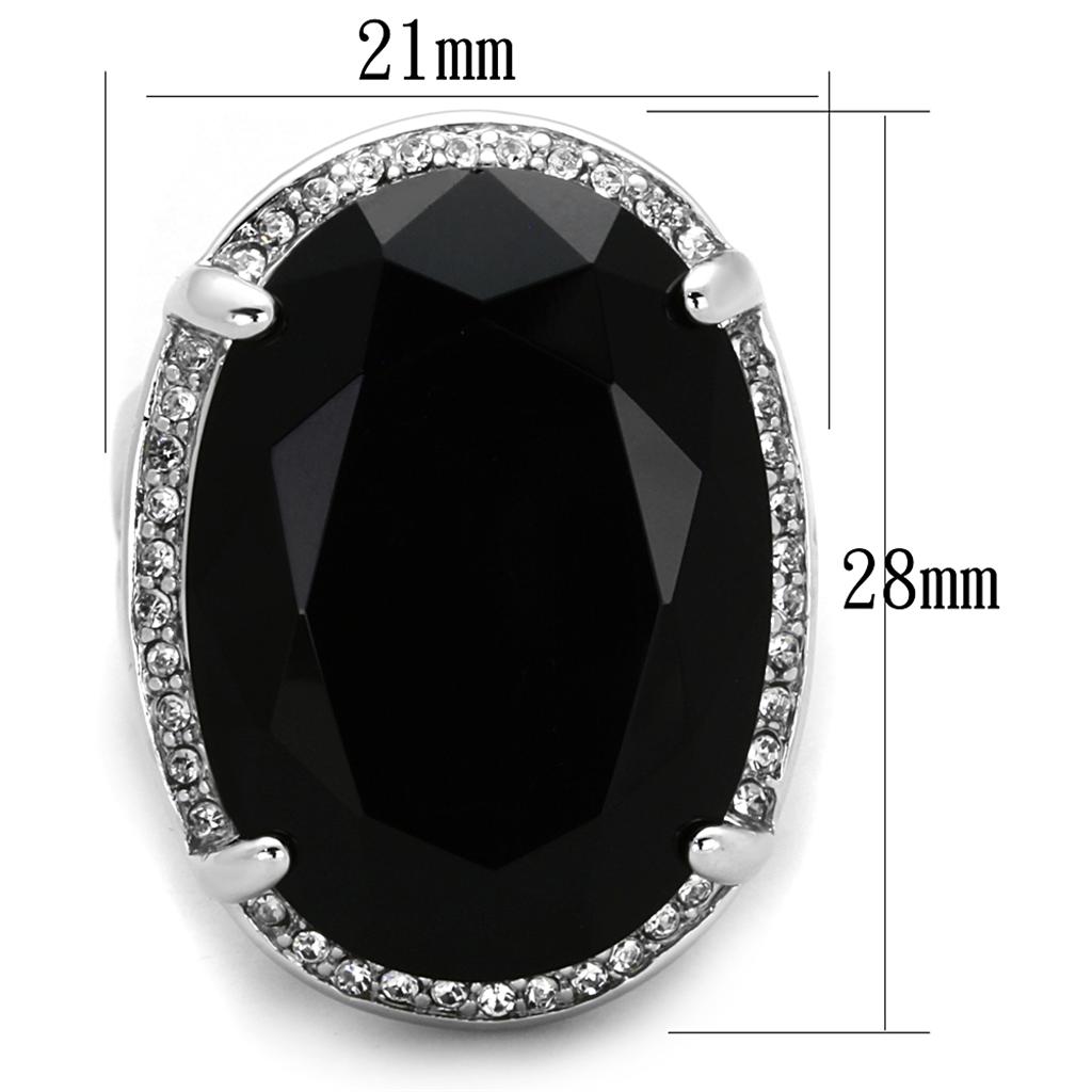 MALO3534 - Rhodium Brass Ring with Synthetic Synthetic Glass in Jet