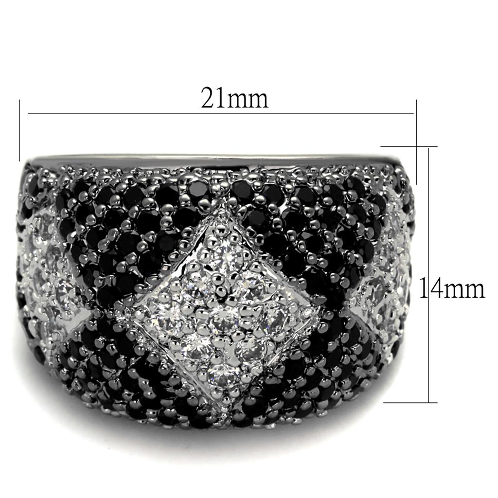 MALO3738 - Rhodium + Ruthenium Brass Ring with AAA Grade CZ  in Black Diamond