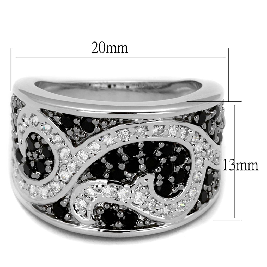 MALO3739 - Rhodium + Ruthenium Brass Ring with AAA Grade CZ  in Black Diamond