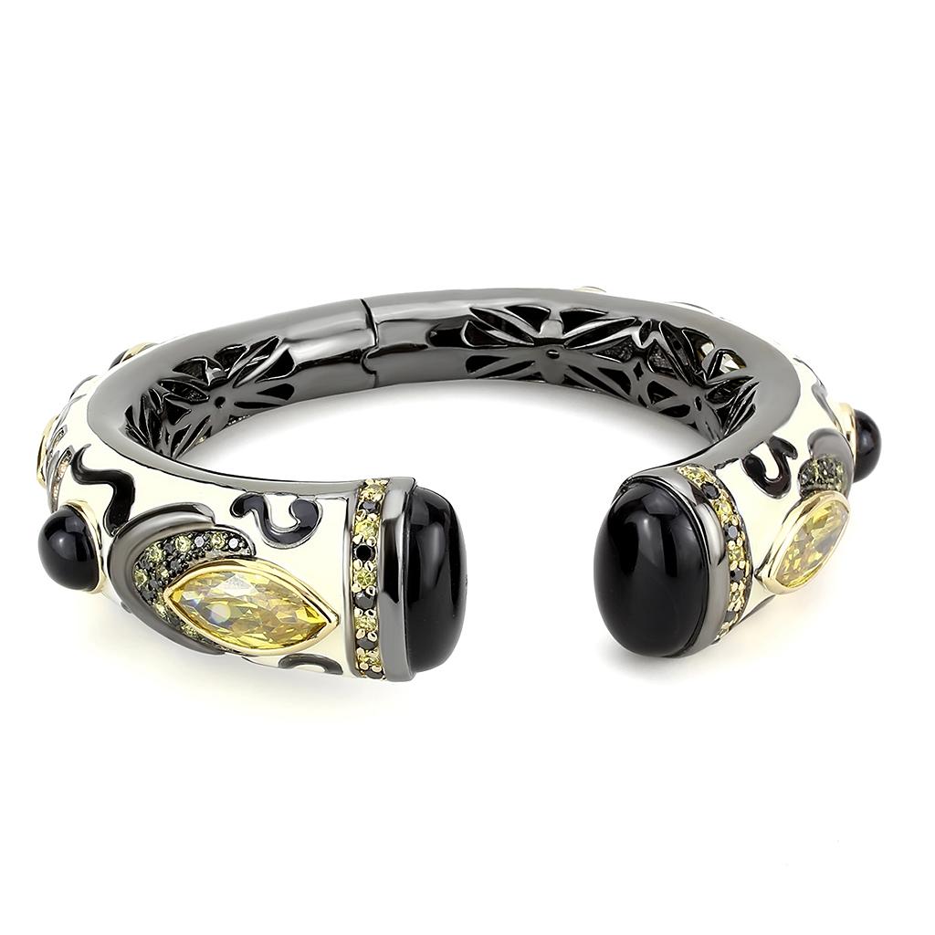 MALO4298 - Gold+Hematite Brass Bangle with Synthetic Onyx in Jet