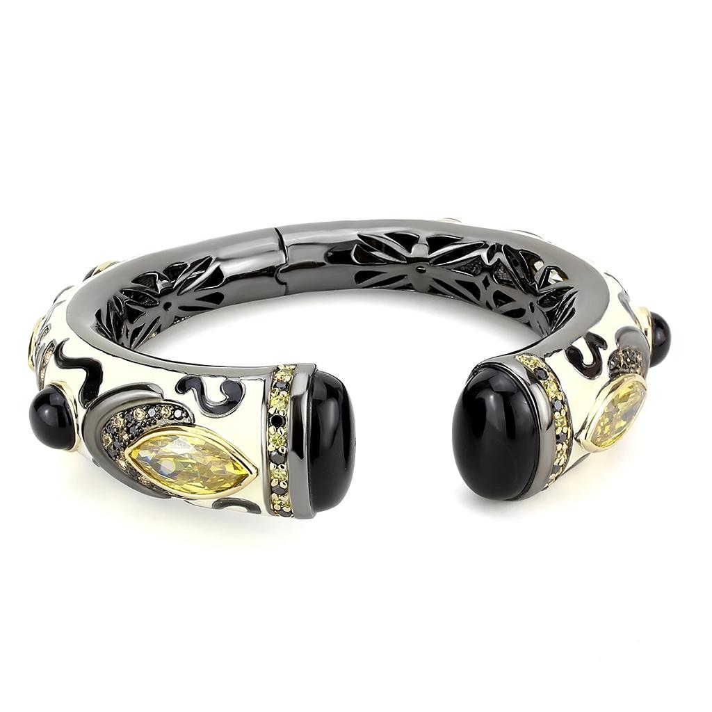 MALO4299 - Gold+Hematite Brass Bangle with Synthetic Onyx in Jet
