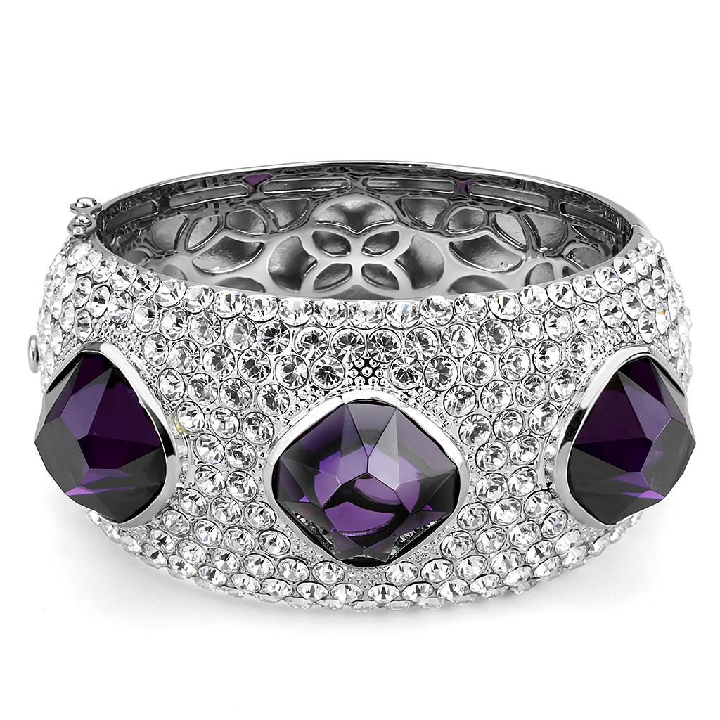 MALO4330 - Rhodium Brass Bangle with AAA Grade CZ  in Amethyst