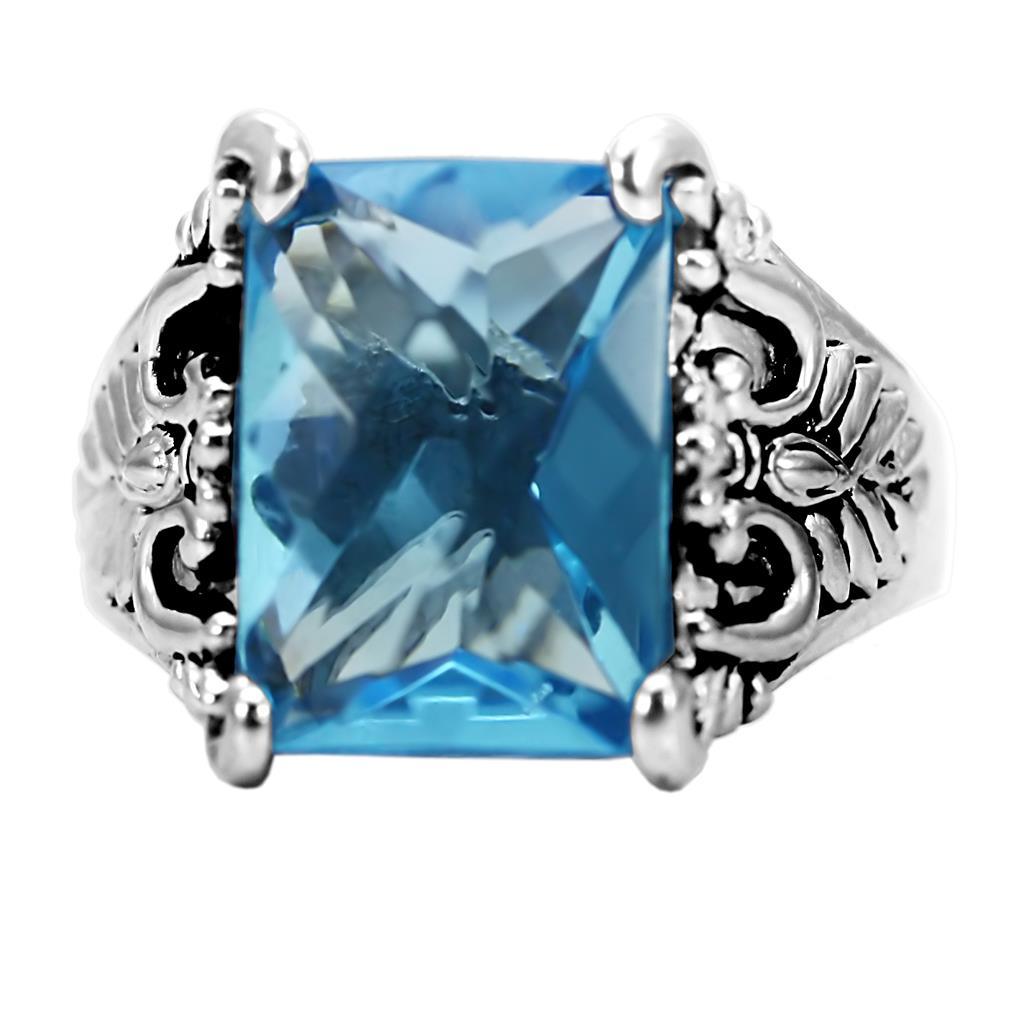 MATK021 - High polished (no plating) Stainless Steel Ring with Synthetic Synthetic Glass in Sea Blue