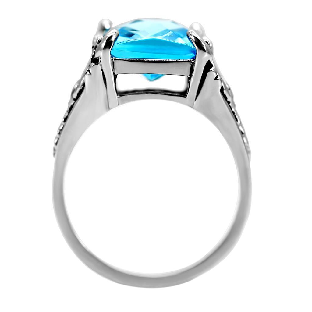 MATK021 - High polished (no plating) Stainless Steel Ring with Synthetic Synthetic Glass in Sea Blue