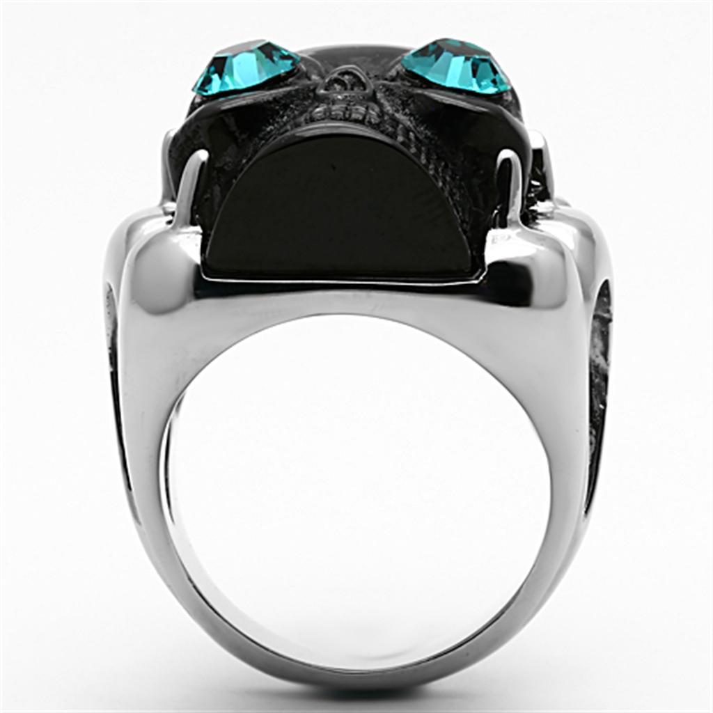 MATK1118 - Two-Tone IP Black Stainless Steel Ring with Top Grade Crystal  in Blue Zircon