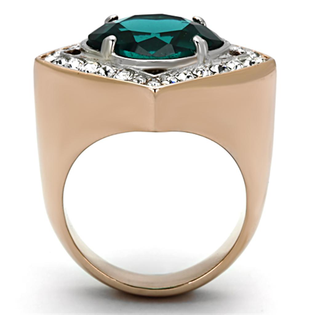 MATK1160 - Two-Tone IP Rose Gold Stainless Steel Ring with Synthetic Synthetic Glass in Blue Zircon