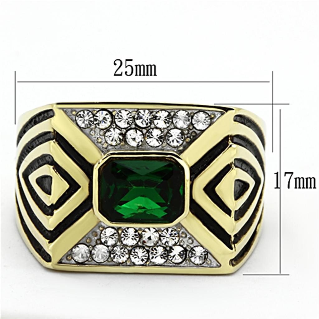 MATK1195 - Two-Tone IP Gold (Ion Plating) Stainless Steel Ring with Synthetic Synthetic Glass in Emerald