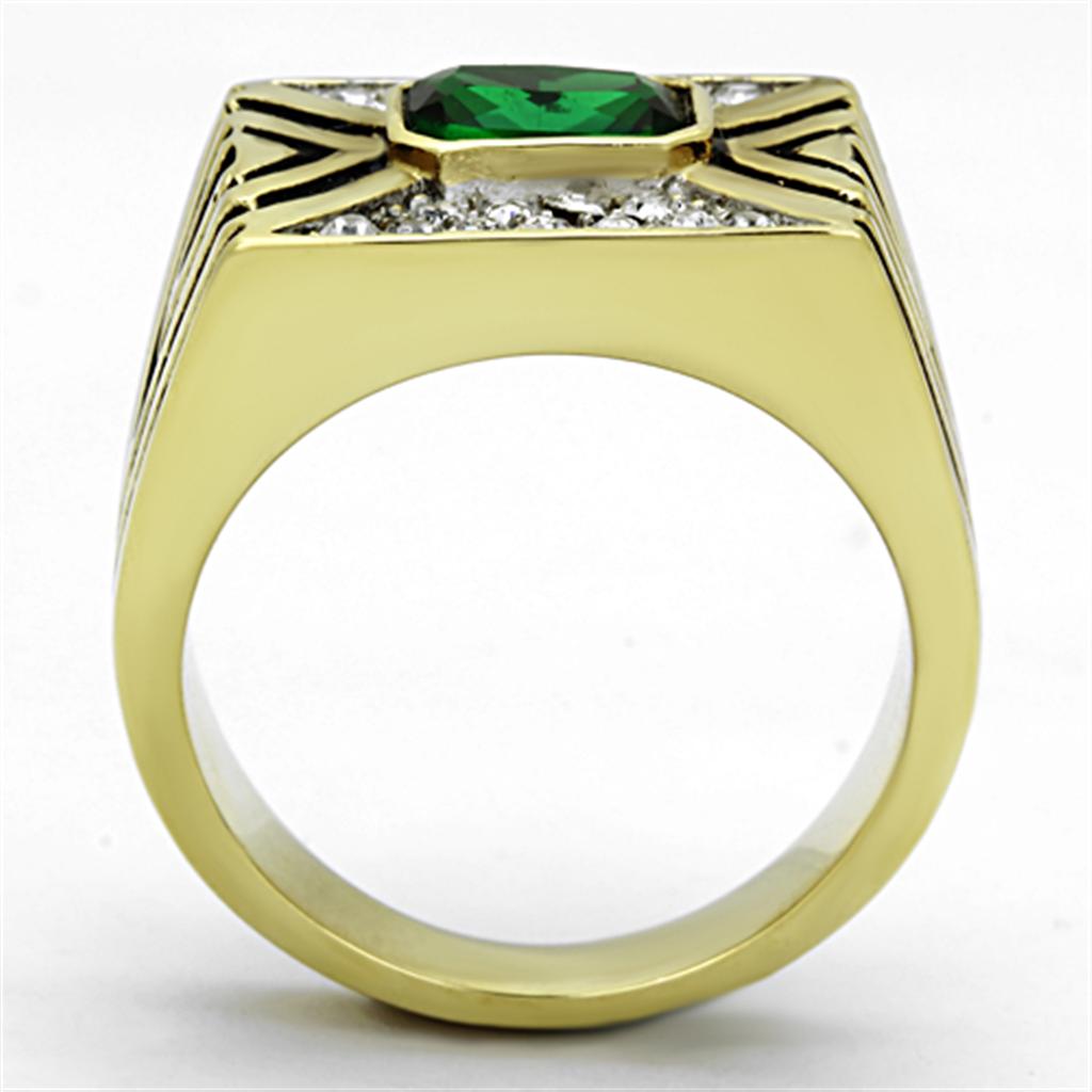 MATK1195 - Two-Tone IP Gold (Ion Plating) Stainless Steel Ring with Synthetic Synthetic Glass in Emerald