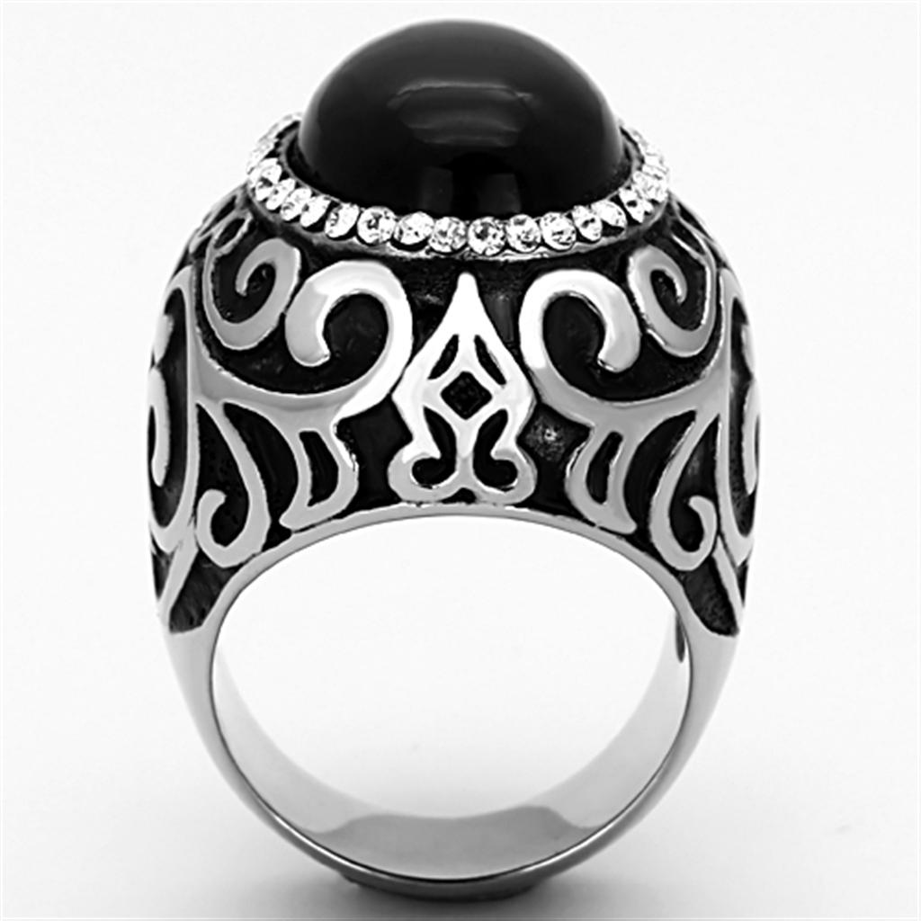 MATK1211 - High polished (no plating) Stainless Steel Ring with Synthetic Cat Eye in Jet