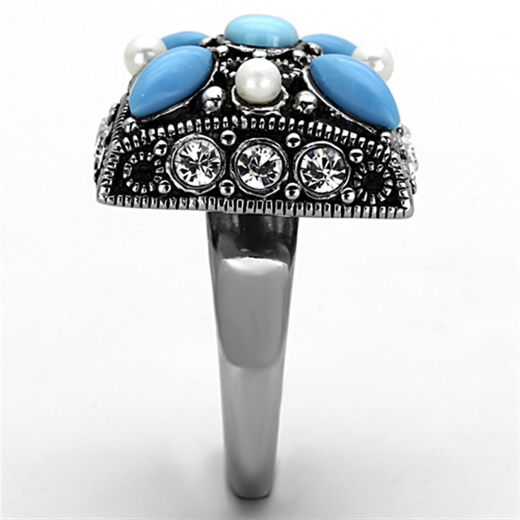 MATK1309 - High polished (no plating) Stainless Steel Ring with Synthetic Turquoise in Sea Blue