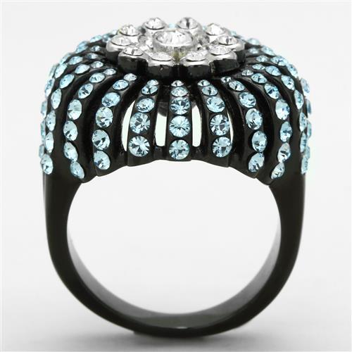 MATK1442 - Two-Tone IP Black Stainless Steel Ring with Top Grade Crystal  in Sea Blue