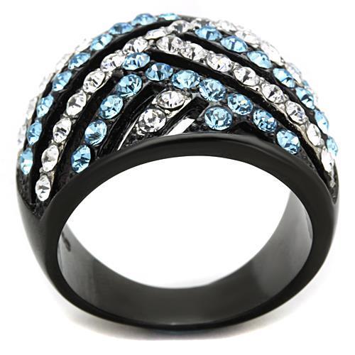 MATK1663 - Two-Tone IP Black Stainless Steel Ring with Top Grade Crystal  in Sea Blue