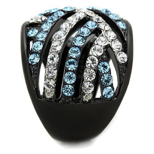 MATK1663 - Two-Tone IP Black Stainless Steel Ring with Top Grade Crystal  in Sea Blue