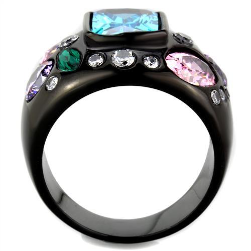 MATK1790 - IP Black(Ion Plating) Stainless Steel Ring with AAA Grade CZ  in Sea Blue
