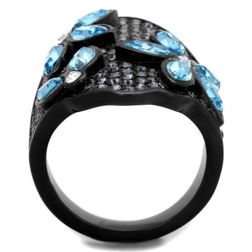 MATK1834 - IP Black(Ion Plating) Stainless Steel Ring with Top Grade Crystal  in Sea Blue