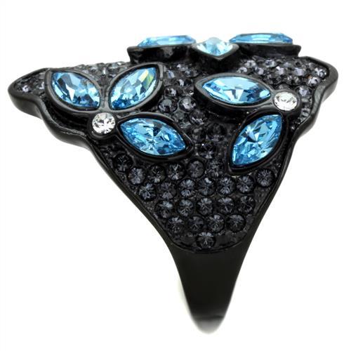 MATK1834 - IP Black(Ion Plating) Stainless Steel Ring with Top Grade Crystal  in Sea Blue