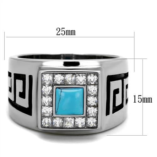 MATK2053 - High polished (no plating) Stainless Steel Ring with Synthetic Turquoise in Sea Blue