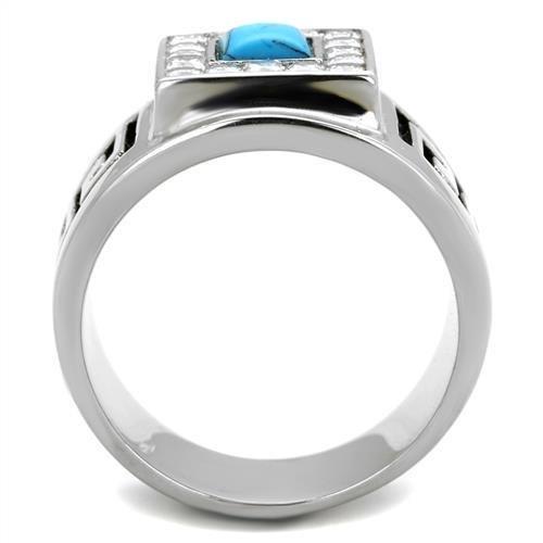 MATK2053 - High polished (no plating) Stainless Steel Ring with Synthetic Turquoise in Sea Blue