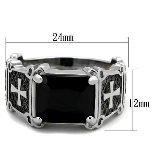 MATK2055 - High polished (no plating) Stainless Steel Ring with Synthetic Synthetic Glass in Jet