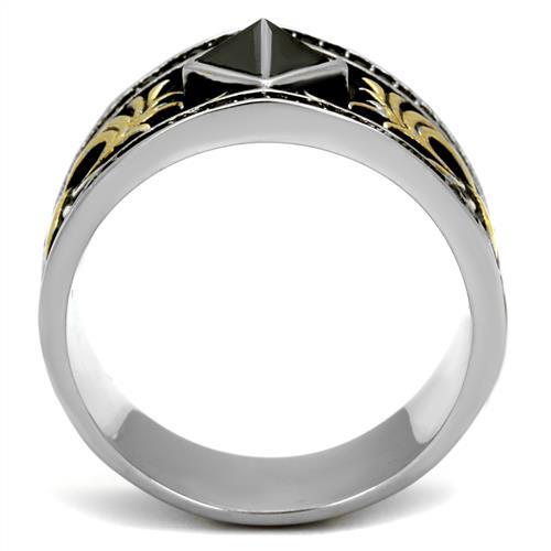 MATK2232 - Two-Tone IP Gold (Ion Plating) Stainless Steel Ring with Synthetic Synthetic Glass in Jet