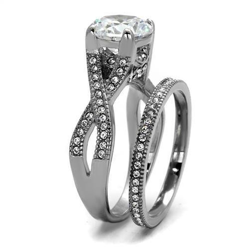 MATK2478 - High polished (no plating) Stainless Steel Ring with AAA Grade CZ  in Clear