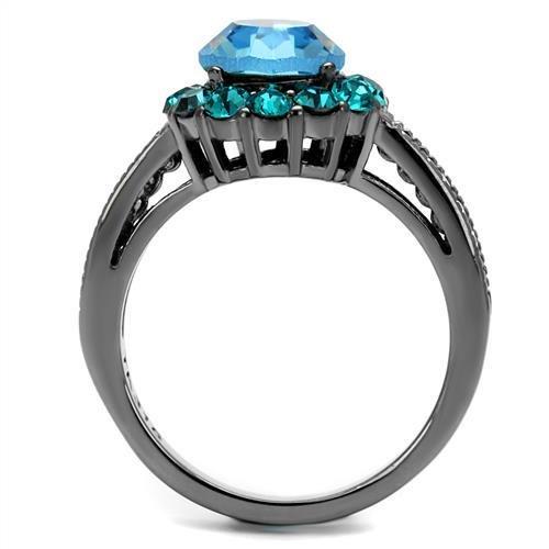 MATK2716 - IP Light Black  (IP Gun) Stainless Steel Ring with Top Grade Crystal  in Sea Blue