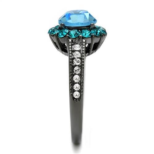 MATK2716 - IP Light Black  (IP Gun) Stainless Steel Ring with Top Grade Crystal  in Sea Blue