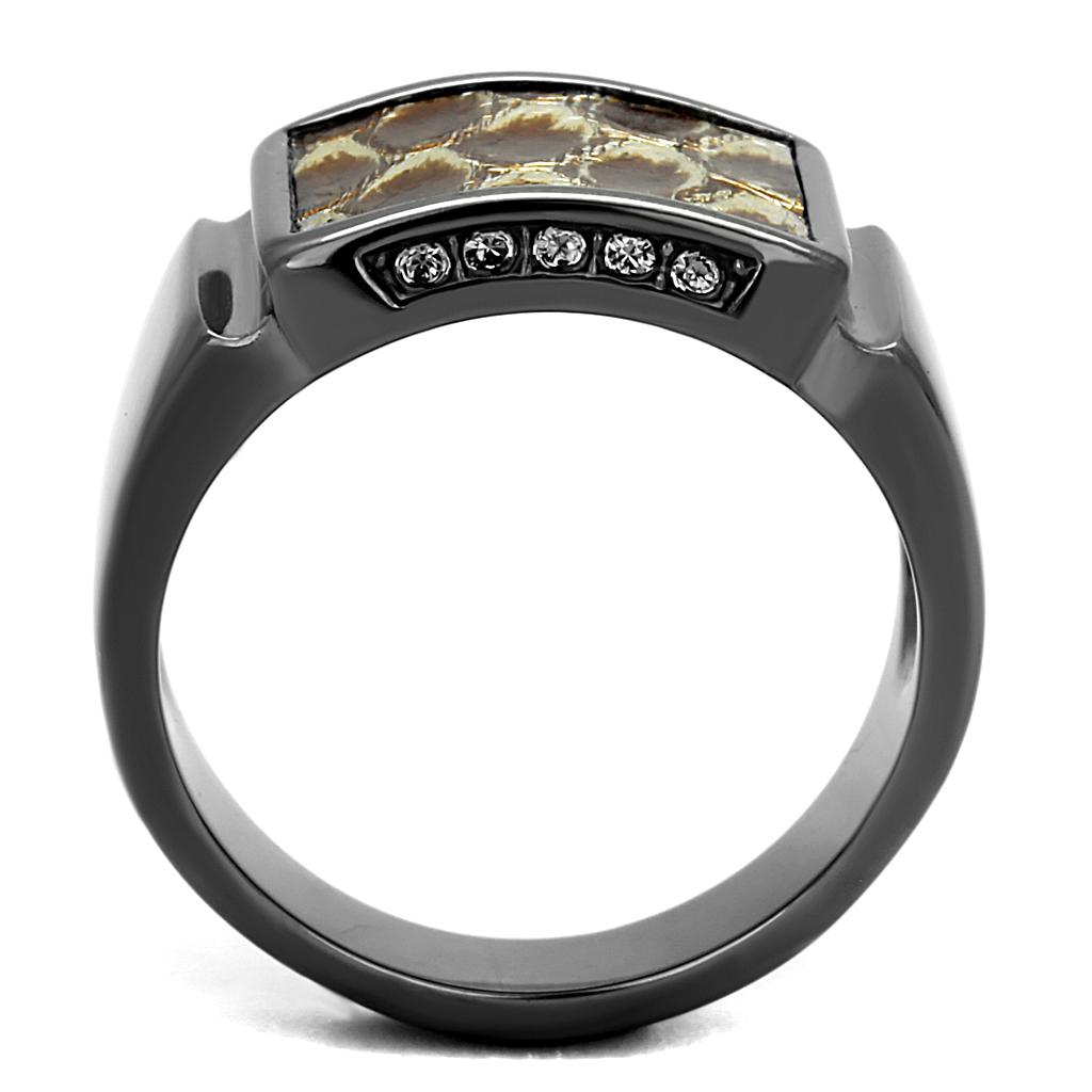 MATK2738 - IP Light Black  (IP Gun) Stainless Steel Ring with Leather  in Brown